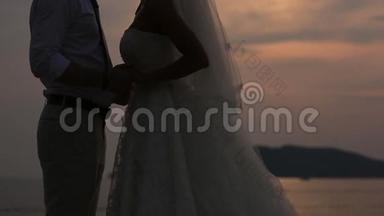 日落时分新婚夫妇的剪影。 婚礼